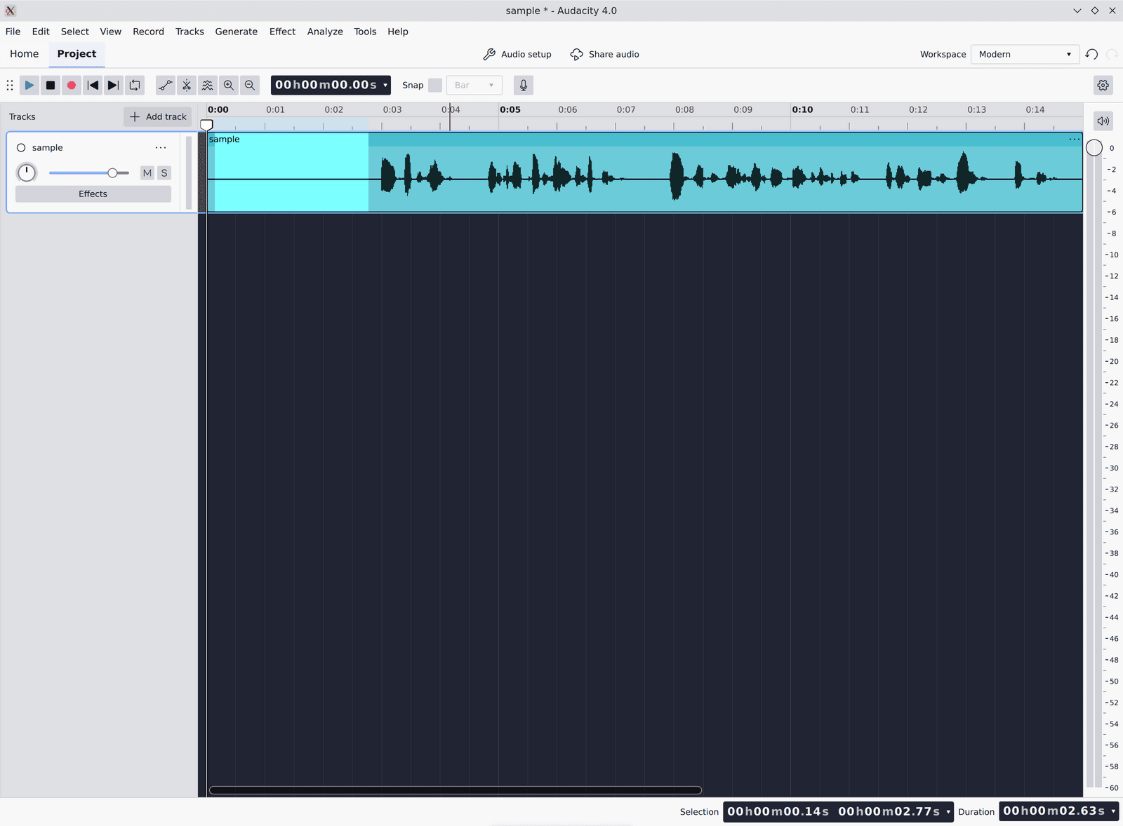 Audacity 4.0.1 with one mono track, the first three seconds of noise-only waveform before the speech starts highlighted as the selection.