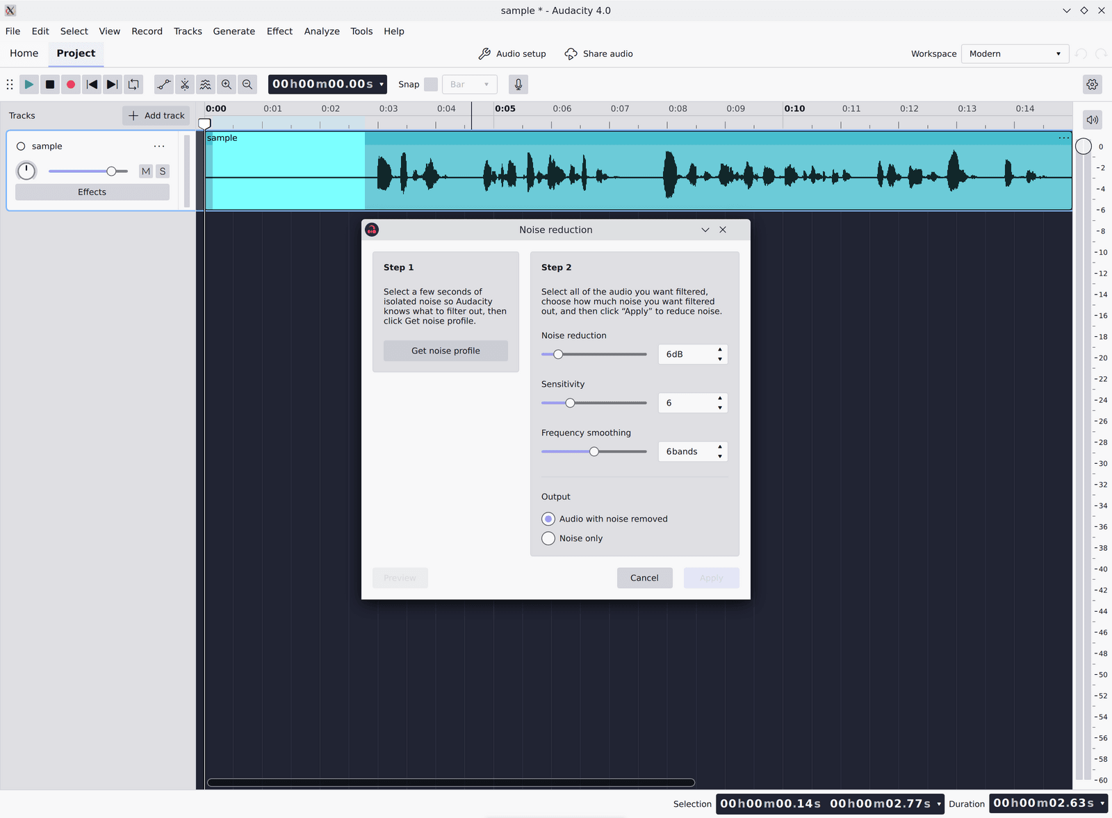The Noise reduction dialog in Audacity 4.0.1, Step 1 on the left with the Get noise profile button, Step 2 on the right with its three sliders at their defaults.