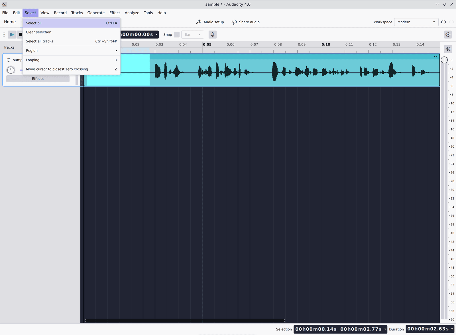 Audacity 4.0.1 with the Select menu open and Select all highlighted, the whole track still showing the noise-only selection behind the menu.