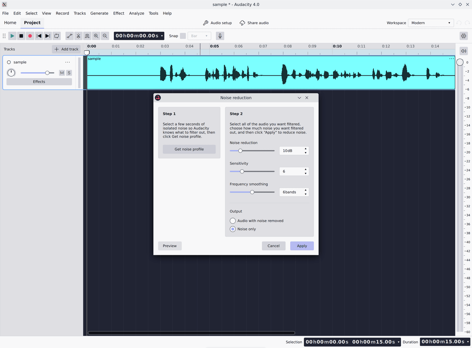 The Noise reduction dialog with Output switched to Noise only and the pointer on the Preview button at the bottom left.