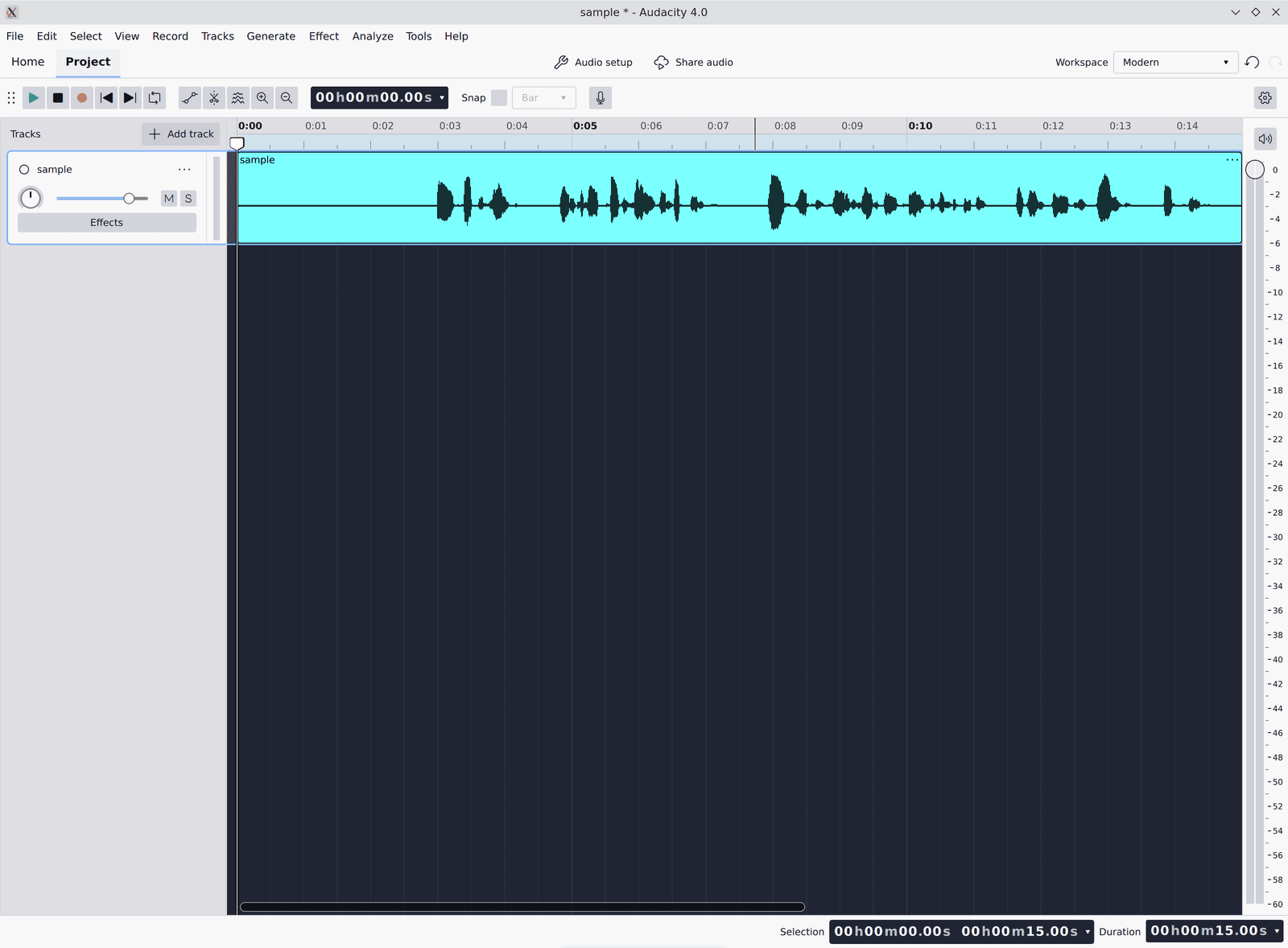 Audacity 4.0.1 after Apply, the whole track still selected and the undo arrow in the top right now active.