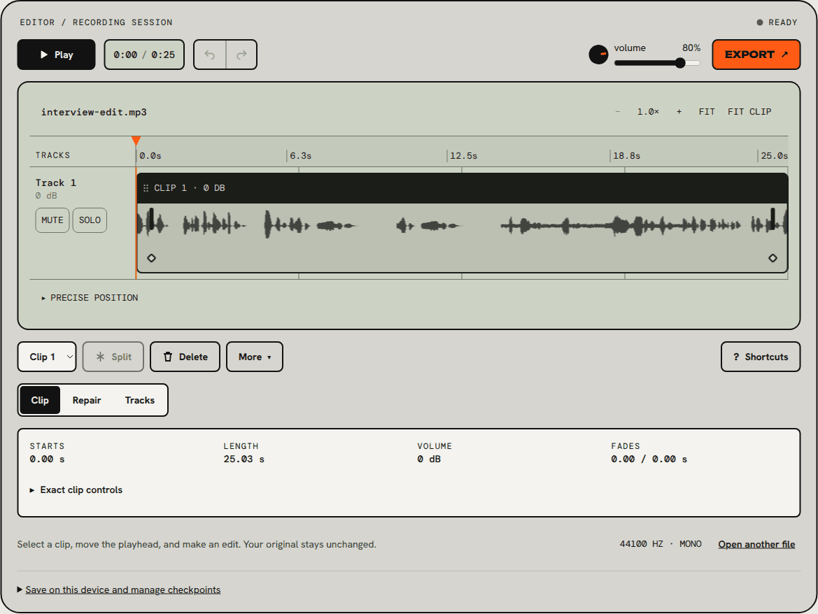 The audio editor after importing interview-edit.mp3: one 25 second clip on Track 1, the transport bar reads 0:00 / 0:25, and the status says the file is ready.