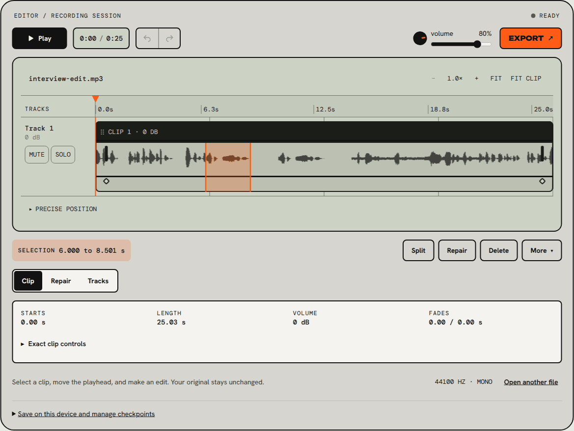 An orange selection from 6.000 to 8.501 seconds on the waveform, with Split, Repair, Delete and More buttons for the selected range.