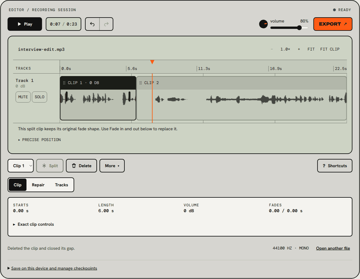Two clips remain, Clip 1 for the question and Clip 2 for the answer. The status reads: Deleted the clip and closed its gap. The project is now 0:22 long.