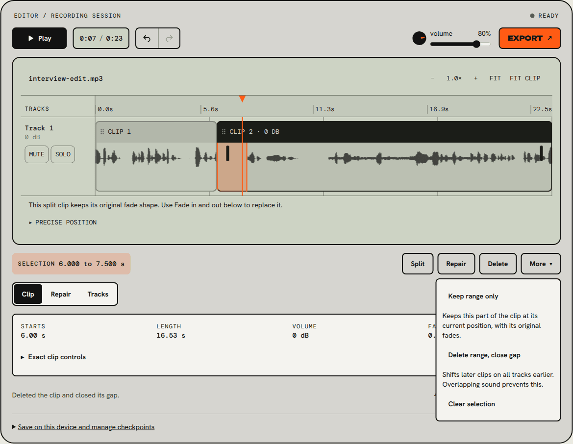 The More menu for a 6.000 to 7.500 second selection, listing Keep range only, Delete range close gap, and Clear selection, each with a one-line explanation.