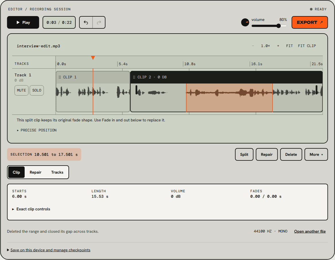 A selection from 10.501 to 17.501 seconds covering the noisy second half of the answer, shown in orange on the waveform.