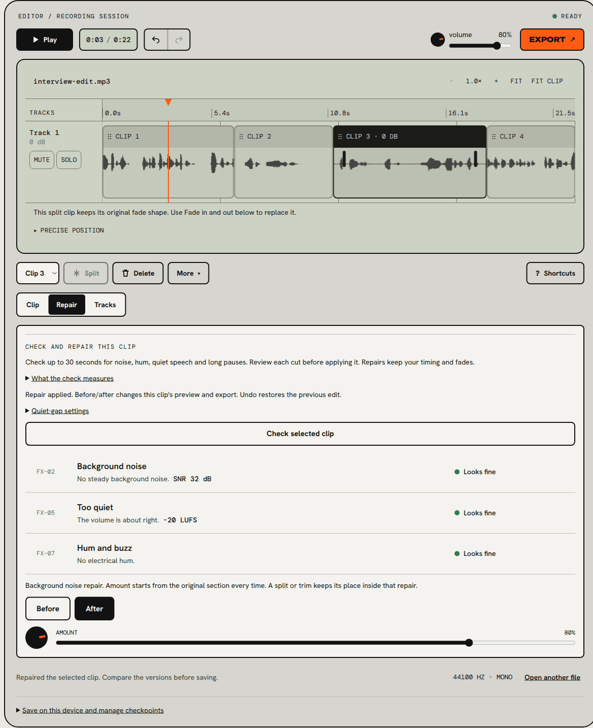 After the repair, Background noise reads no steady background noise with an SNR of 32 dB. Before and After buttons and an Amount slider at 80 percent sit under the checks.