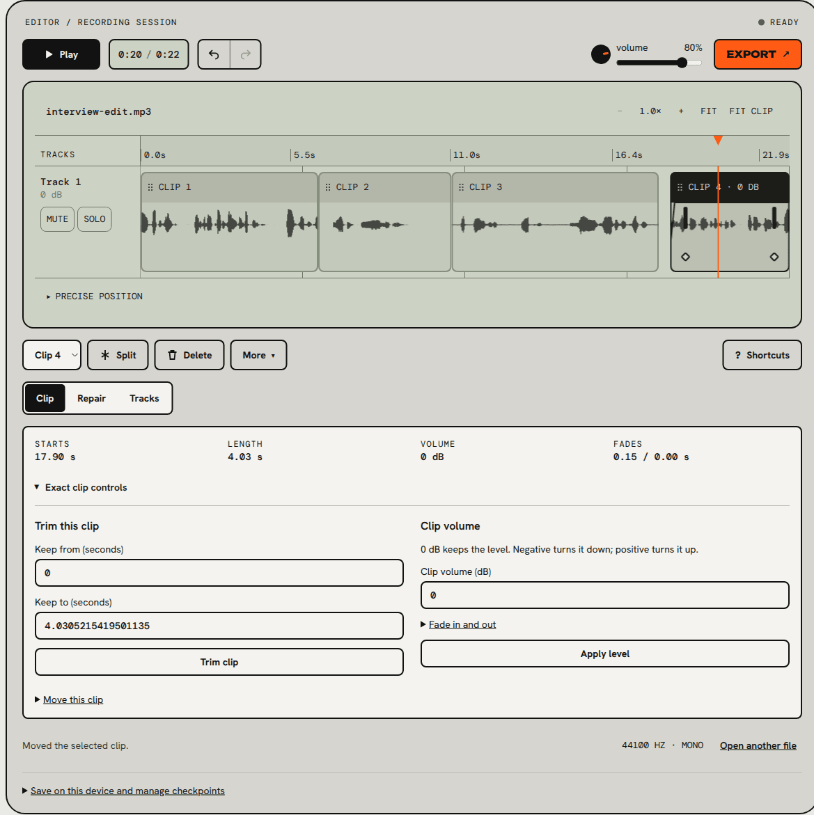 Clip 4 selected on the timeline. The Clip tab shows Starts 17.90 s, Length 4.03 s, Volume 0 dB and Fades 0.15 / 0.00 s, with the Trim, Clip volume and Move this clip controls open.